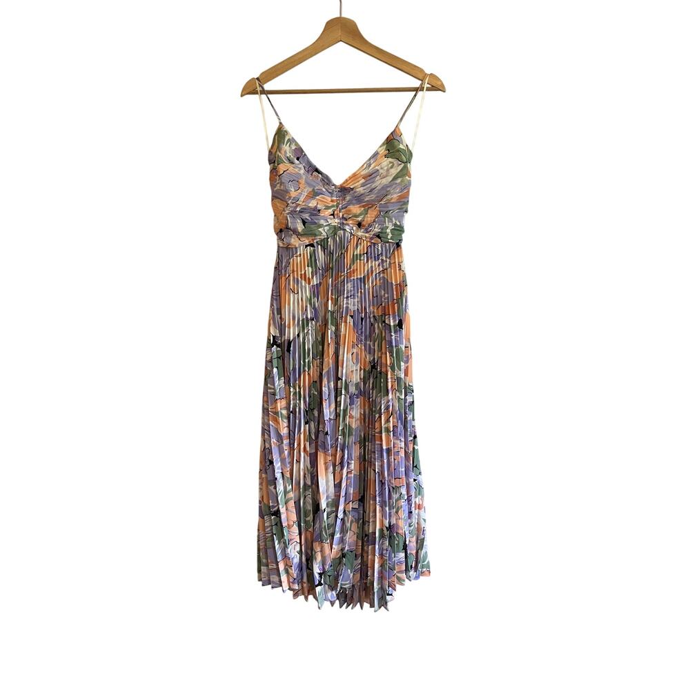 ASTR Floral Pleated Midi Dress in Lavender, Peach & Green